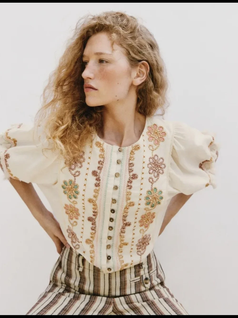 Zara Cream Embroidered Puff-Sleeve Blouse